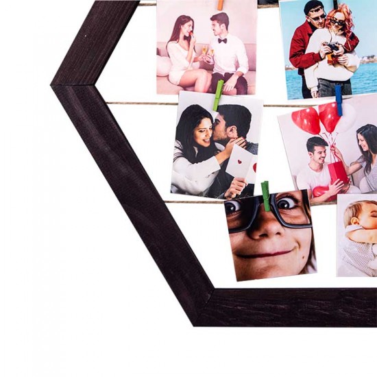 Ahşap İpli Mandallı Altıgen Duvar Fotoğraf Çerçevesi - 40x46cm