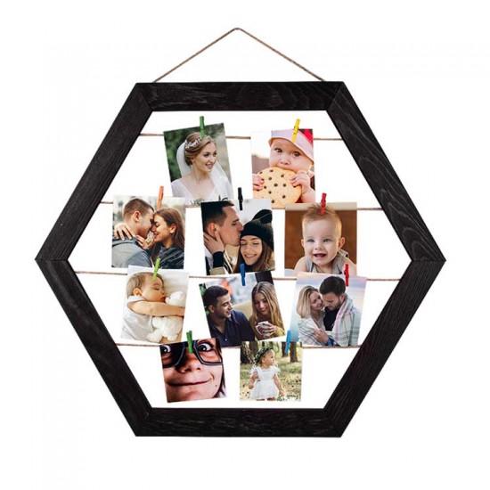 Ahşap İpli Mandallı Altıgen Duvar Fotoğraf Çerçevesi - 40x46cm