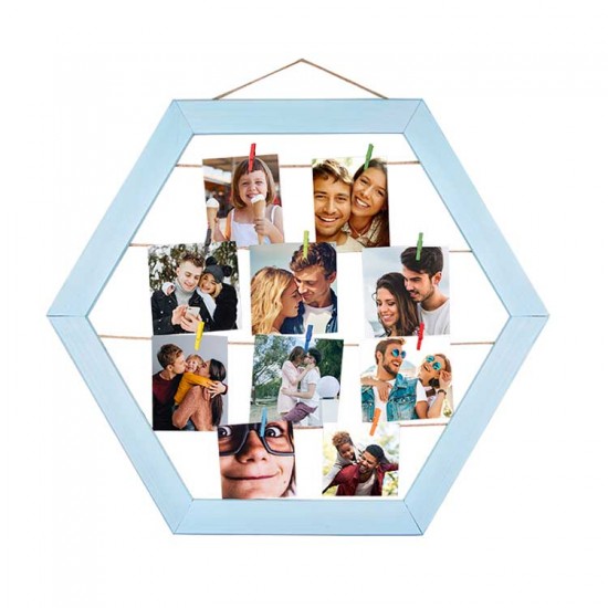 Ahşap İpli Mandallı Altıgen Duvar Fotoğraf Çerçevesi - 40x46cm